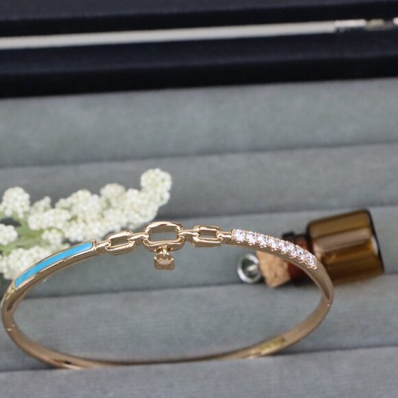 Chic Rose Gold Bangle with Lock Charm and Blue Enamel Accent, XPBL0432 - Picture 9 of 10